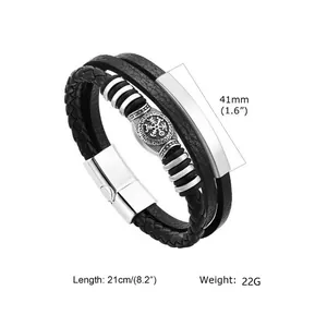 Detailed view of multilayer braided leather Viking bracelet with magnetic clasp and specs