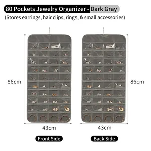 Double-sided 80-grid hanging jewelry organizer bag for earrings and rings storage