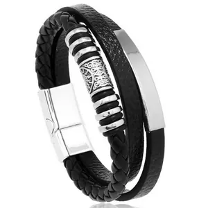 Vintage Viking braided leather bracelet with magnetic clasp and engravable plate