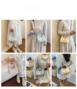 Multiple views of the ruffled crossbody bag in various colors shown on a model.