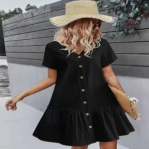 Elegant summer black short sleeve dress with single-breasted buttons and ruffle hem