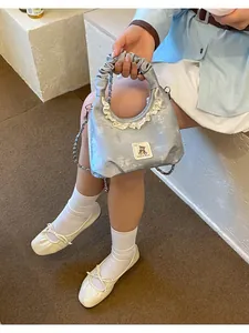 Coquette style light blue ruffled handbag featuring a cute bear patch and lace trim detail