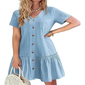 Casual light blue summer button-down dress with short sleeves and a stylish ruffle hem