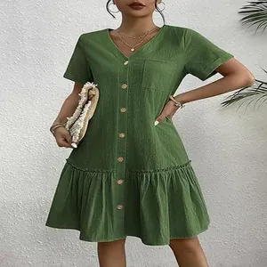 Casual olive green button-down short sleeve dress with ruffled hem and pocket