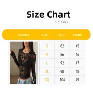 Detaillierte Größentabelle für Damen Schwarz Spitze Mesh Langarm Slim Fit T-Shirt