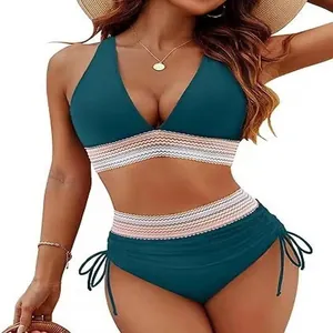 Élégant bikini deux pièces avec col en V profond bleu sarcelle et culotte haute