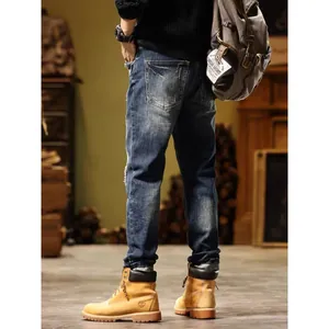 Retro distressed slim straight stretch jeans for men in American vintage style