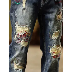Vintage distressed patchwork slim-fit denim jeans for men with unique embroidery