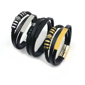 Detailed view of men's leather braided bracelets with magnetic clasps in three colors