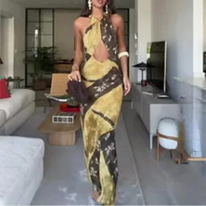 Sleeveless halter neck long dress with front cut-out and brown tie-dye print