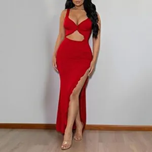 Elegant red bodycon evening dress featuring a stylish midriff cutout and high side slit