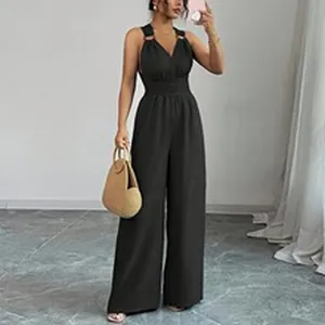 Sleeveless black wide-leg jumpsuit with deep V-neck and ring strap details
