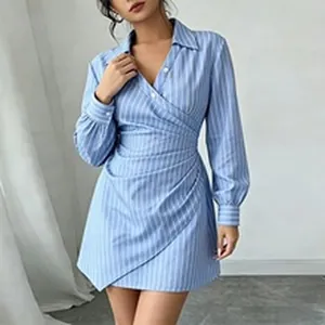 Elegant light blue vertical striped wrap mini dress with long sleeves and lapel