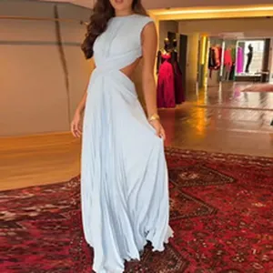 Elegant light blue maxi dress with side cut-outs and criss-cross waist design.