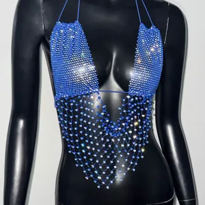 Top a fascia in maglia con strass blu scintillanti per festival e feste in club