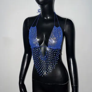 Squisito top halter in rete con strass blu perfetto per sexy feste in discoteca