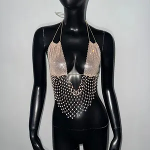 Top halter a rete con strass color champagne per rave party e festival musicali
