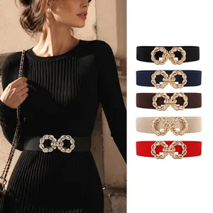 Women's Fashion Elastic Wide Belt With Interlocking Metal Buckle Stylish Waist Cinch For Dresses Shirts Decorative Accessories