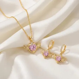 Parure de Bijoux Romantique Collier Boucles d'Oreilles Cœur Ailes Zirconium Rose Acier Titane Plaqué Or pour Femmes Filles