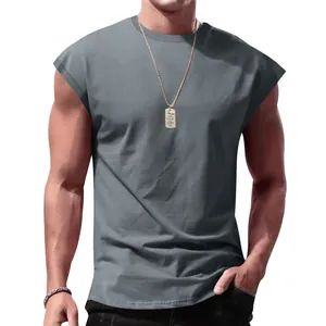 Close-up of a grey sleeveless casual sport tank top for men with a classic round neck.