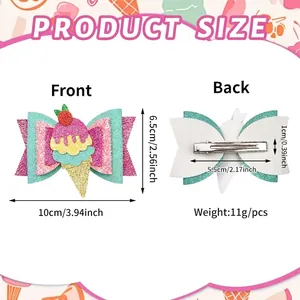 Dimensions of glitter ice cream cone kids hair clip showing front and back views