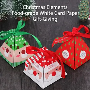 Christmas Candy Gift Boxes Pyramid Triangle Paper Packaging With Ribbon Santa Reindeer Patterns Holiday Party Favors Decorative