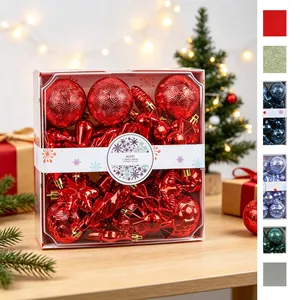 28-piece red Christmas ornament set with various shapes in a transparent gift box.