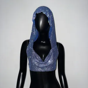 Macro view of sparkly blue rhinestone hooded crop top vest shown on black mannequin