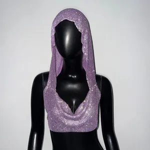 Shimmering purple rhinestone hooded crop top vest with sequins displayed on mannequin