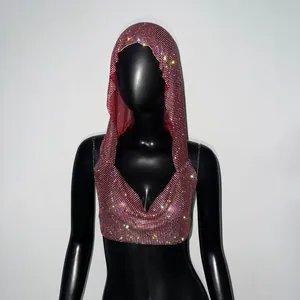 Detailed view of pink rhinestone hooded crop top vest for glamorous clubwear fashion