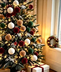 Detailed view of multi-colored flocked Christmas balls hanging on a decorated tree.