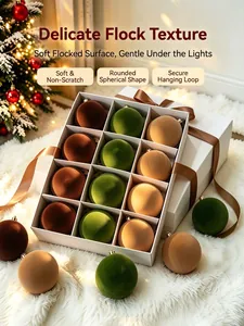 Detail showing premium velvet flocked Christmas ball ornaments in a luxury gift box