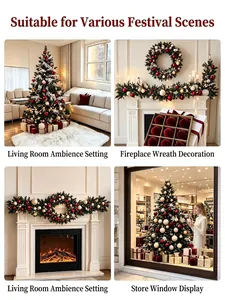 Red and cream flocked Christmas ball ornaments displayed in various festive scenes