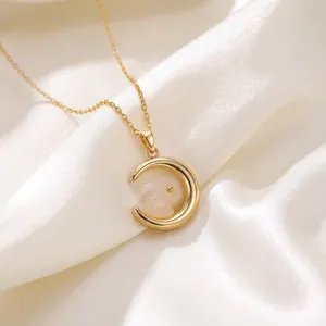 Elegant gold titanium steel necklace with crescent moon and zircon rabbit pendant