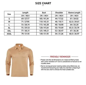 Detailed size chart for men's loose tactical long-sleeve polo shirt in khaki finish