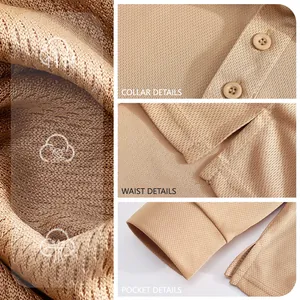 Close-up details of men's tactical outdoor long-sleeve polo shirt fabric and collar