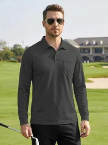 Close-up of men's dark grey long-sleeved polo shirt with pocket on a golf course