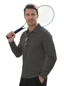 Premium men's long sleeve dark grey polo shirt with chest pocket for outdoor sports