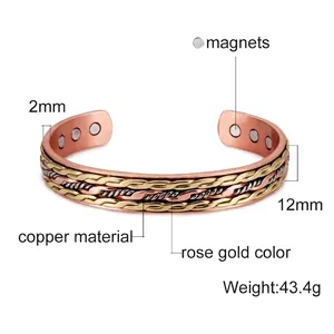 Adjustable handmade braided copper magnetic therapy cuff bracelet with rose gold finish