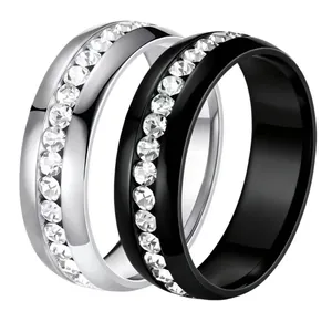 6mm stainless steel couple rings set with inlaid zircon diamonds on white bg