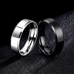 Minimalist Stainless Steel Beveled Edge Band Ring For Women Men Unisex Black Gold Silver Rose Gold Non Fading Titanium Steel Ring Simple Jewelry Wedding Promise Ring