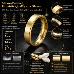 Premium gold-plated stainless steel band ring with 6mm width and mirror polish finish