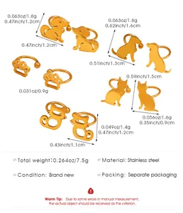 Stainless steel animal-shaped ear cuffs with detailed measurements and product specifications.