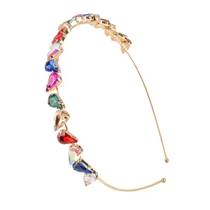 Thin gold metal headband featuring a variety of colorful pear-shaped rhinestones
