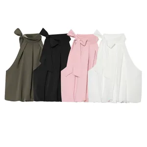 Bow Tie Halter Neck Top Women Sexy Pleated Sleeveless Satiny Polyester Tank Top Chic Summer Clubwear Solid Color