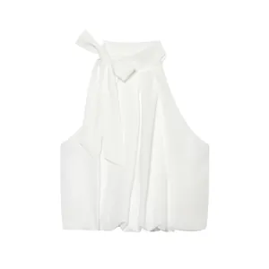 Elegant white halter neck top featuring a sophisticated bow detail and smooth fabric.