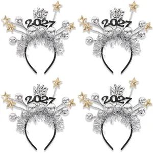 4-pack of 2027 NYE disco headbands with silver balls and gold stars.