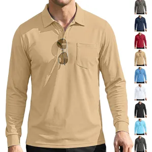 Detailed view of men's quick dry long sleeve polo shirt with front chest pocket