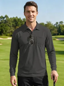 Detailed shot of a dark grey men's long sleeve quick-dry bird-eye mesh polo shirt