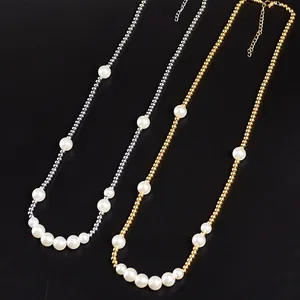Vintage stainless steel metallic bead and pearl necklace set for streetwear hip hop style